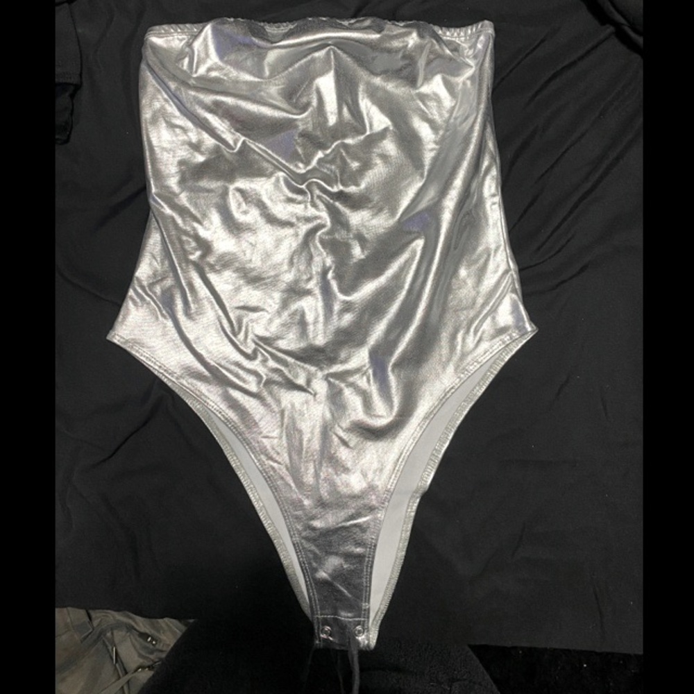 metallic silver body suit